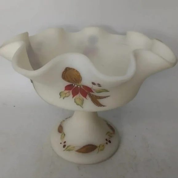 Vintage Fenton handpainted satin glass compote‎ dish